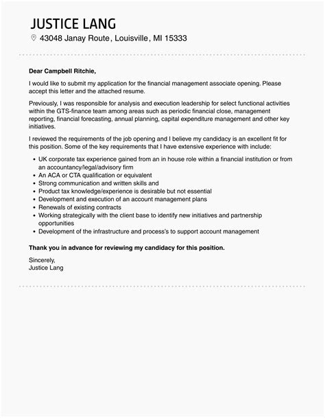 Financial Management Associate Cover Letter | Velvet Jobs