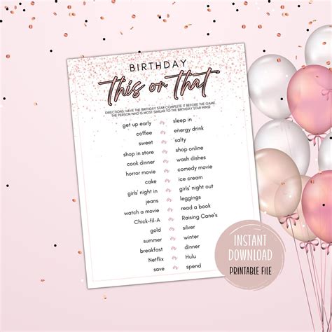 Birthday Games Printable This or That Birthday Game Party Sweet 16 21st ...