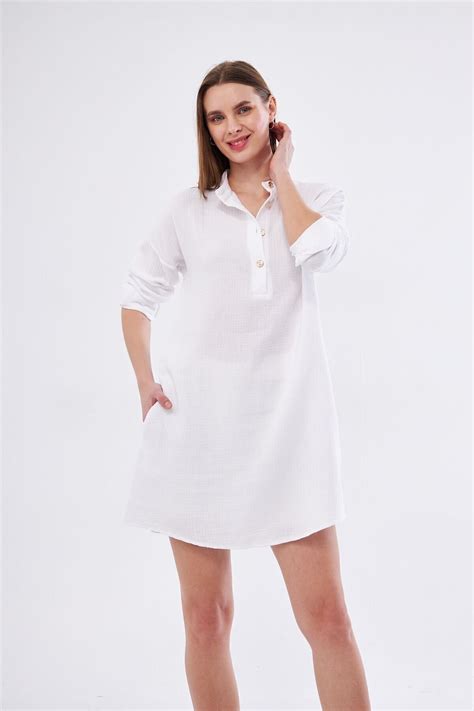 White Muslin Long Sleeve Mandarin Collar Pocket Summer Shirt Mini Tunic ...