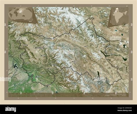 Jammu and Kashmir, state of India. High resolution satellite map. Locations and names of major ...