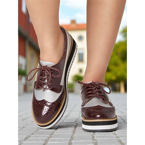 Women's Burgundy and White Patent Faux Leather Oxford Platform Shoes ...