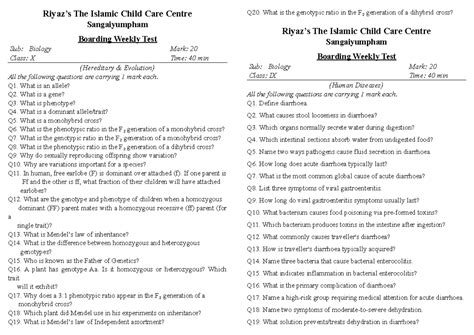 Biology Class X & IX Weekly Test Answers - Heredity & Diseases - Studocu
