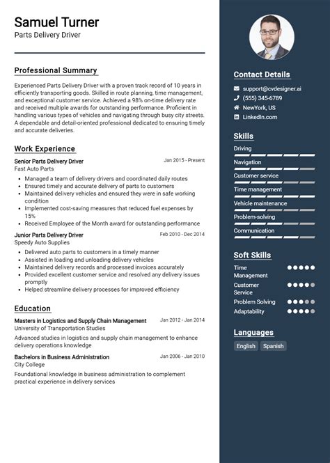 Parts Delivery Driver Resume Example for 2026: Free Downloadable Templates - CVDesigner.ai