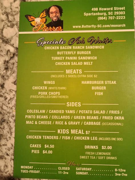 Menu at McClellan’s at Monarch Cafe’, Spartanburg