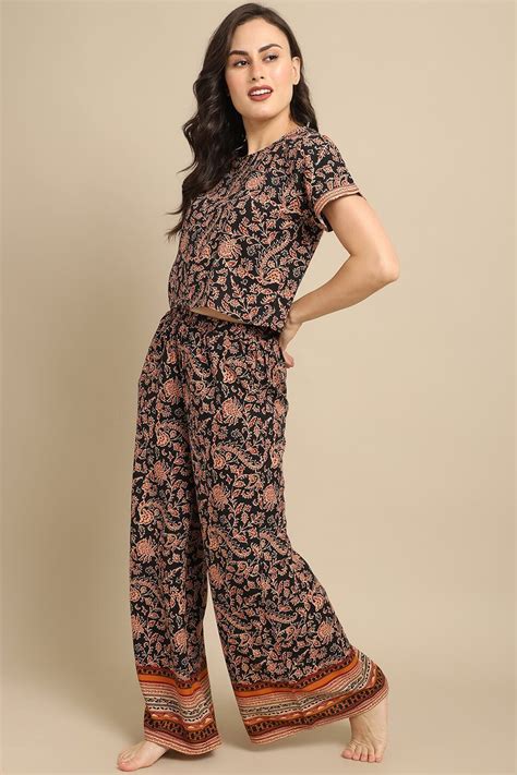 Black Abstract Printed Viscose Rayon Night Suit for Women | S-XL | Cla