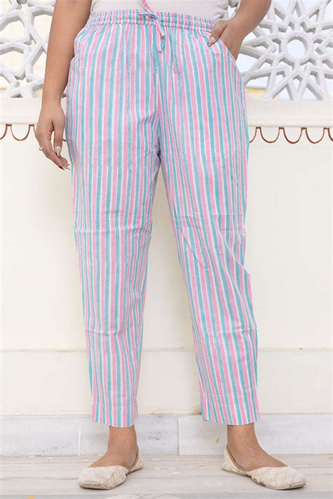Pink Green Cotton Pencil Pants