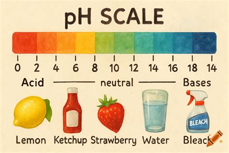 Watercolor illustration of a pH scale with examples like lemon, ketchup ...