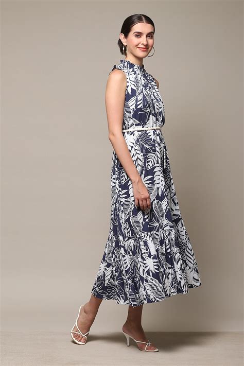 Navy Rayon Tiered Dress with Belt
