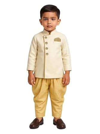 Buy JBN Creation Boys' White and Gold Cotton Blend Indowestern Sherwani ...