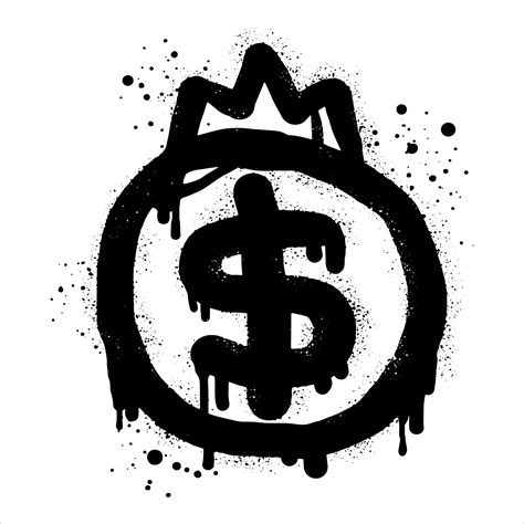 Spray painted graffiti currency in black over white. Drops of sprayed ...