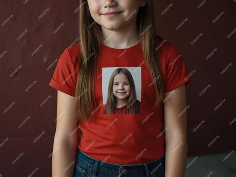 A girl with long hair and a red shirt has a picture of a girl with a ...