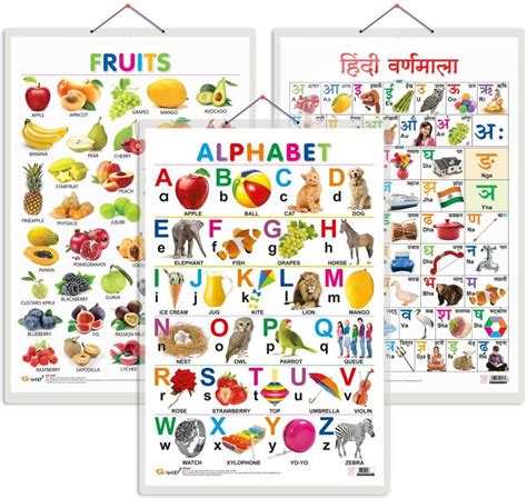 Gift Pack Of 3 Alphabet, Fruits And Hindi Varnamala Charts | Wall ...
