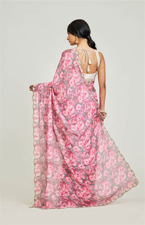 Grey & Pink Chinnon Saree – Aparnaa Sarees
