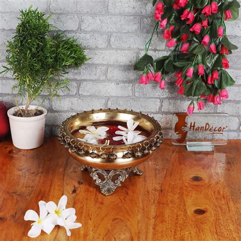 Two Moustaches Brass 8 Inches Urli Bowl on Ethnic Carved Legs, Brass ...