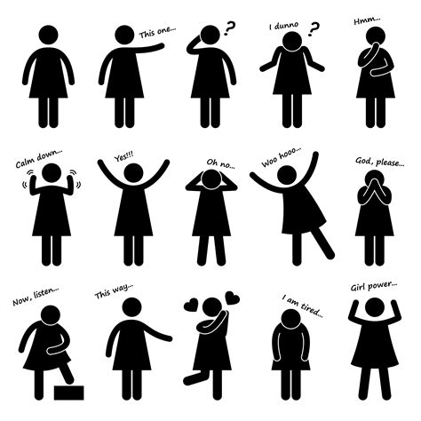 Woman Girl Female Person Basic Body Language Posture Stick Figure Pictogram Icon. 349798 Vector ... - language of stickman