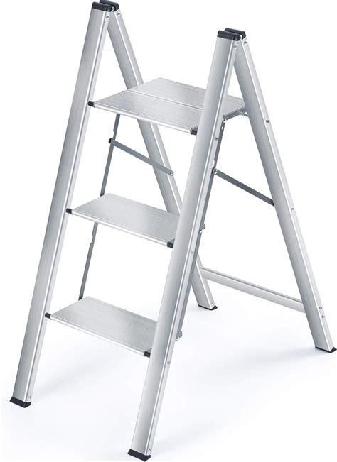 KINGRACK Aluminium 3 Step Ladder, Lightweight Folding Step Ladder ...