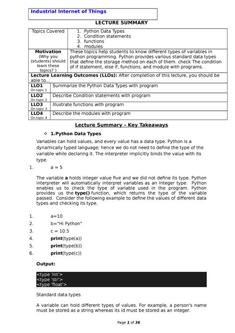 IIOT22 - Industrial internet of things - LECTURE SUMMARY Topics Covered ...