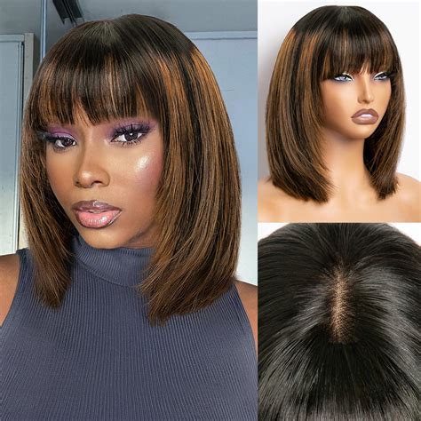 Amazon.com : Starmo 12 Inch Brown Highlights Bob Wig with Bangs Human ...