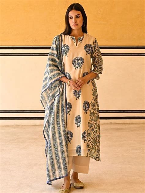 Buy White Blue Hand Block Printed Cotton Kurta with Mulmul Slip, Pants ...