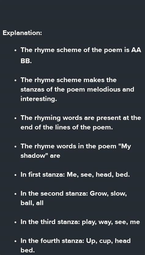 Write 5 pairs of rhyming words from the poem my shadow - Brainly.in