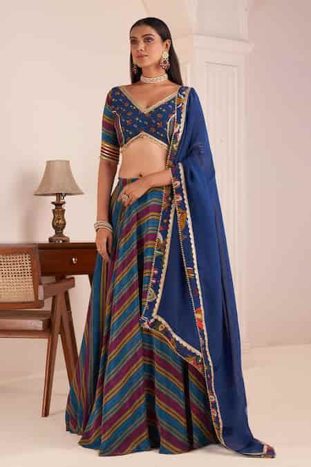 Buy Blue Viscose Gota Patti V-neck Band Stripe Print Lehenga Blouse Set ...