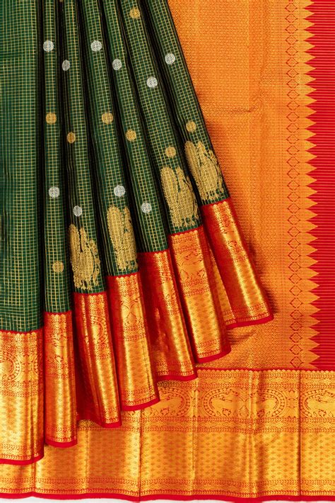 Kanchipuram Silk Checks And Butta Dark Green Saree 