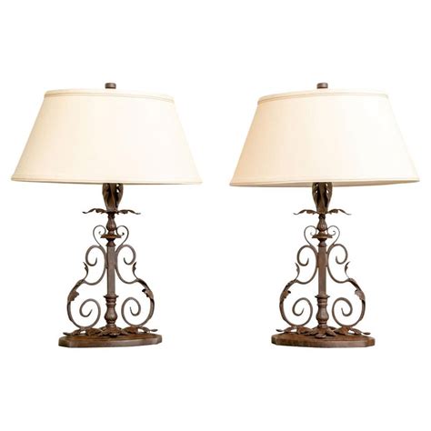 Pair Of Brown Wrought Iron Table Lamps With Shades For Sale at 1stDibs