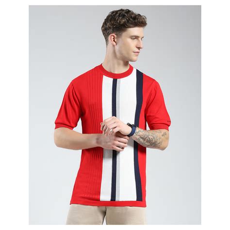 Buy Monte Carlo Mens Red Striped Round Neck T-Shirt Online