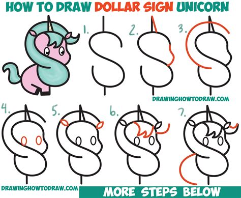 How to Draw a Cute Cartoon Unicorn (Kawaii) from a Dollar Sign Easy ...