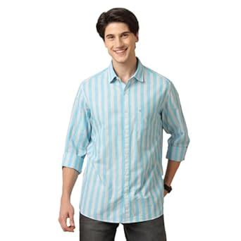 Cavallo by Linen Club Men's Blue Striped Slim Fit Full Sleeves Cotton ...