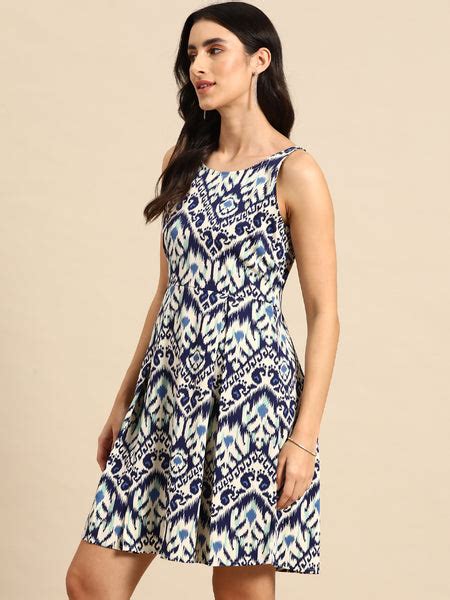 Buy Box Pleated Mini Dress in Blue Ikkat Print for Women