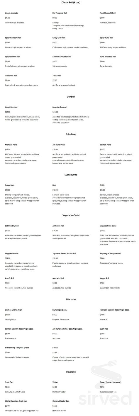 Menu - Koloa HI's Big Monster Sushi Food Truck | Sirved