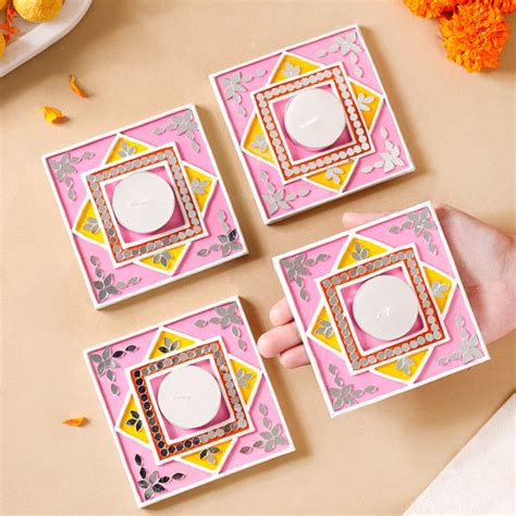 Handcrafted Mirror Work Lippan Art Tealight Candle Holder Set Of 4 ...