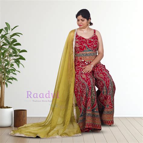 Brick Red Heavy Embroidered Crop Top & Palazzo Set – Party Ready