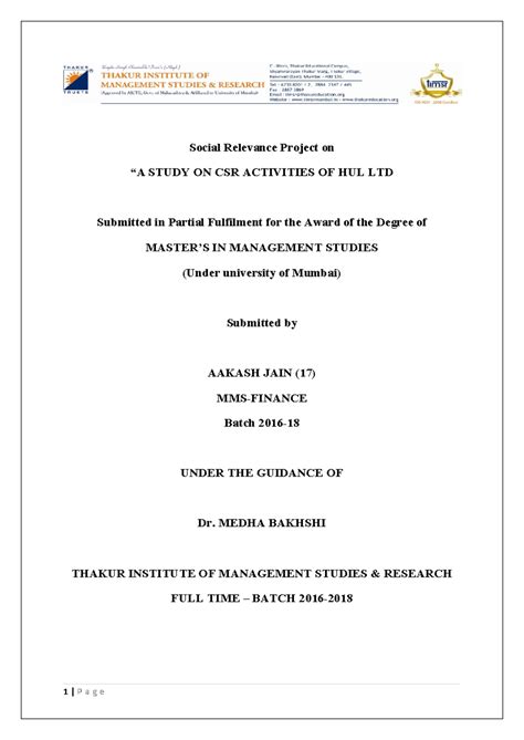 Study on CSR Activities of HUL Ltd - MMS-Finance Project Report - Studocu