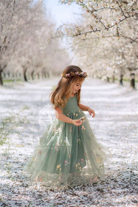 Sage Green Floral Embroidered Tulle Flower Girl Dress, Easter Girls ...