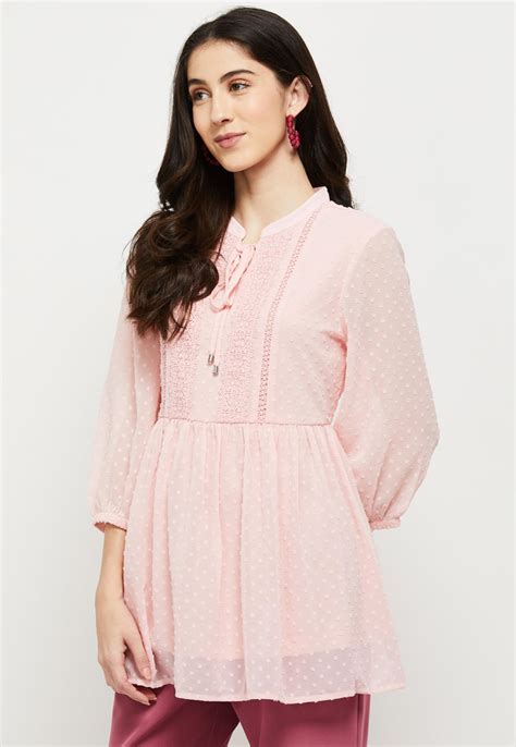 Buy Women Textured Band Collar Three-Quarter Sleeves Tunic Online at ...