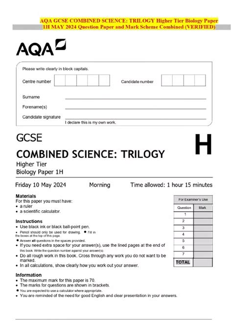 AQA GCSE COMBINED SCIENCE: TRILOGY Higher Tier Biology Paper 1H MAY ...