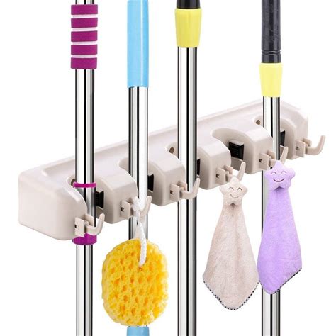 vyatirek Mop Holder and Broom Holder, 5 Slot Position with 6 Hooks ...