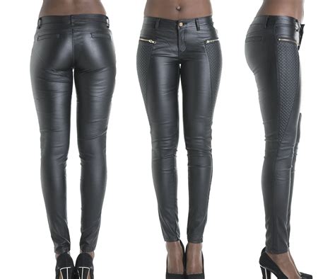 Fashion black leather pants patchwork fake zippers low waisted full ...