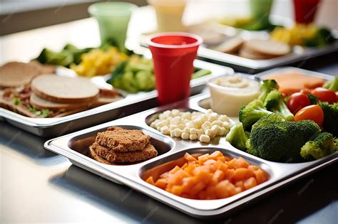 Premium Photo | Shot of Variety of School Lunch Trays Equal Portions