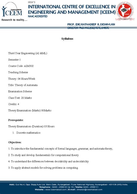 Syllabus for Third Year Engineering (AI AIM302): Theory of Automata ...
