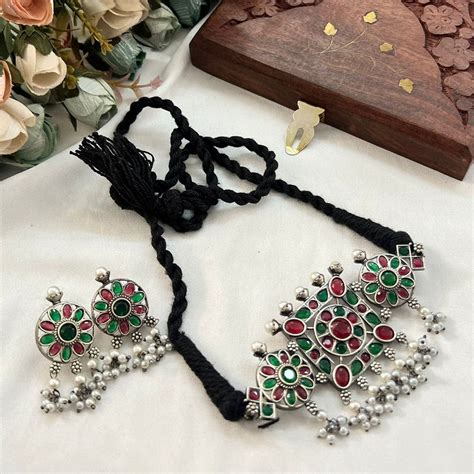 Akruti Collection Oxidised Plated Pota Stone Choker Necklace Set ...