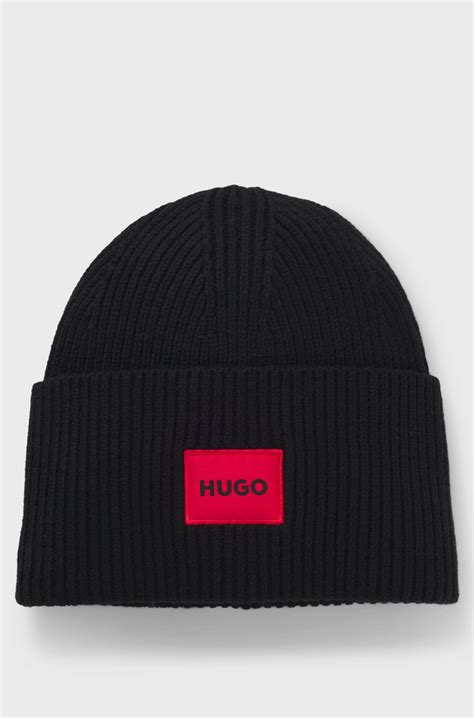 HUGO - Wool-blend beanie hat with red logo patch - Black