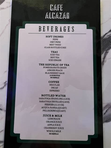 Menu at Café Alcazar cafe, St. Augustine