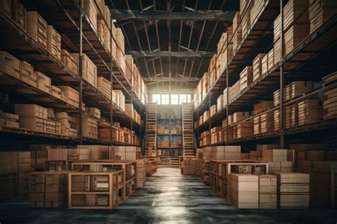 Warehouse interior with rows of wooden boxes. 3D Rendering, Warehouse ...