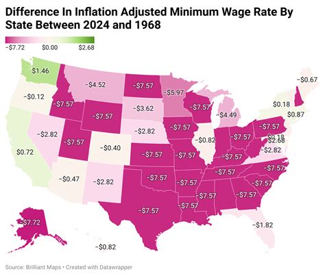 Difference In Inflation Adjusted Minimum Wage Rate By State Between 2024 and 1968 - Brilliant Maps