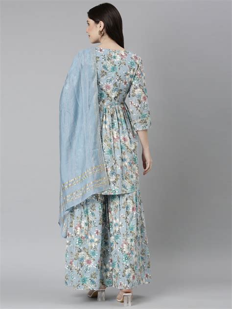 Neerus Blue Regular Straight Floral Kurta And Palazzos With Dupatta ...