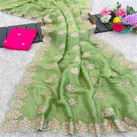 Classic Parrot Green Silk Blend Crush Saree Beautifully Embellished Wi