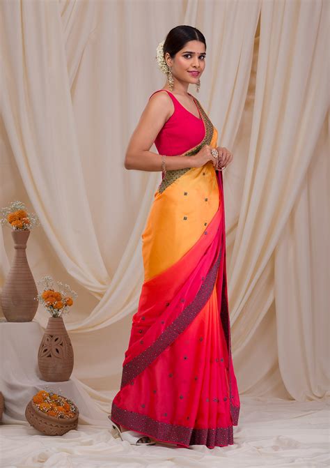 Buy Orange Zariwork Semi Crepe Saree - Koskii